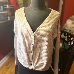 Beige Button-Up Waffle Knit Top